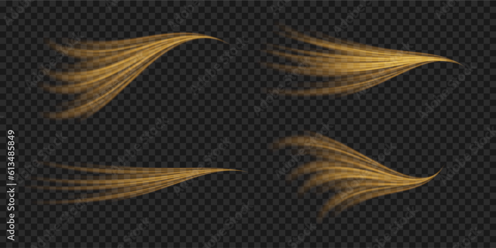 Golden glowing light wave, speed line. Abstract wavy light trail flash, swirl motion curve. On a transparent background.