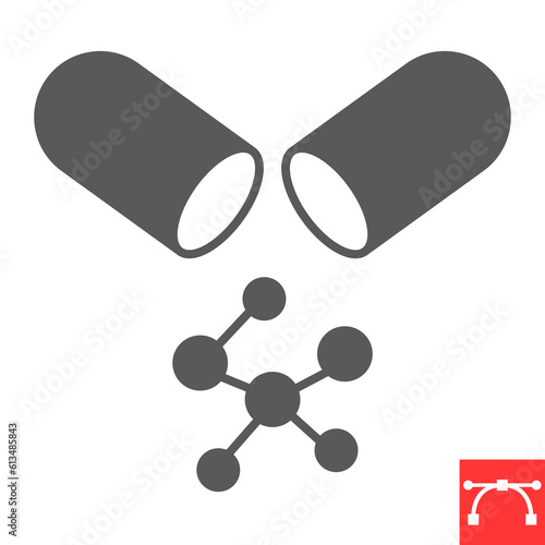 Amino acids glyph icon, supplements and vitamins, capsule with bcaa vector icon, vector graphics, editable stroke solid sign, eps 10.