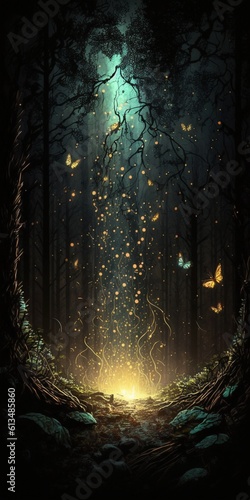 Enchanted forest magical butterflies, fairy vertical background wallpaper, Generated Ai Generative AI