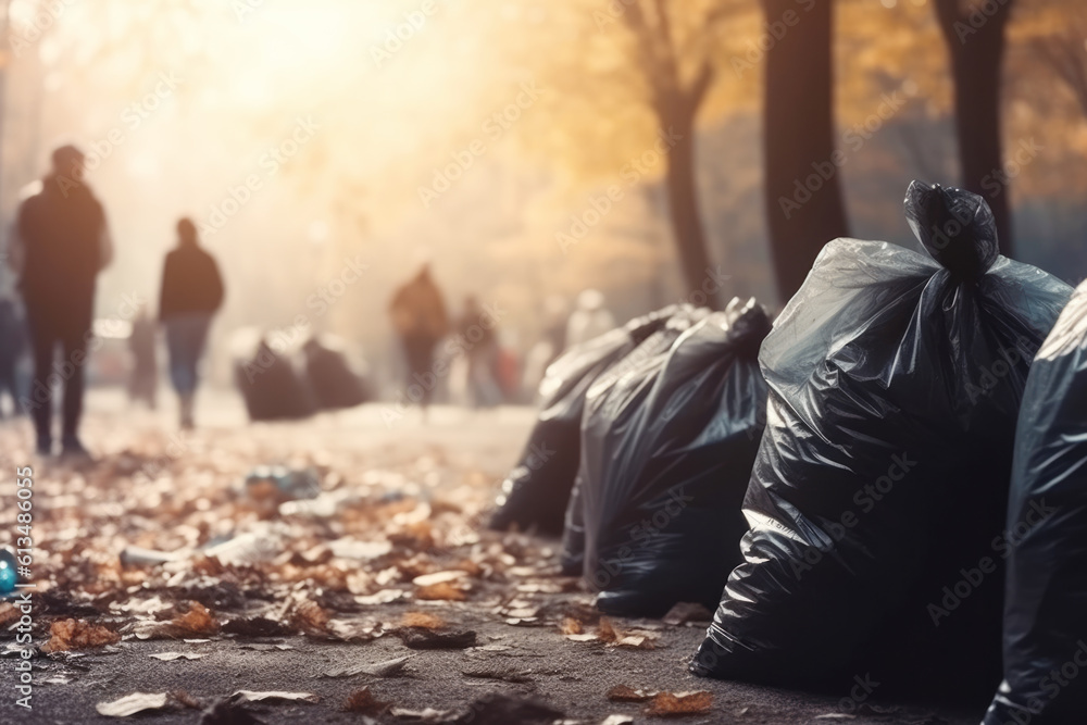 Close up of a plastic bags full of garbage  in the park. Activists collecting garbage, protecting the planet, avoid pollution and save the  environment