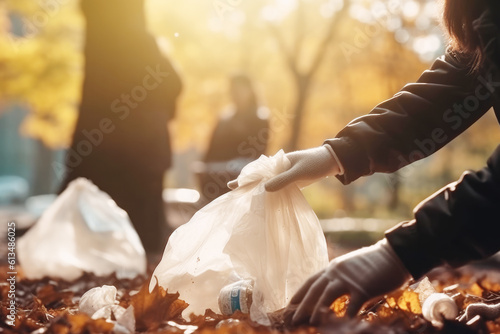 Close up of a group of eco volunteers picking up plastic trash in park. Activists collecting garbage, protecting the planet, avoid pollution and save the environment