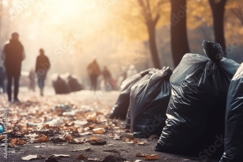 Close up of a plastic bags full of garbage  in the park. Activists collecting garbage, protecting the planet, avoid pollution and save the  environment