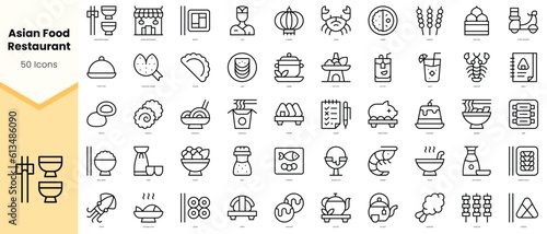 Set of asian food restaurant Icons. Simple line art style icons pack. Vector illustration