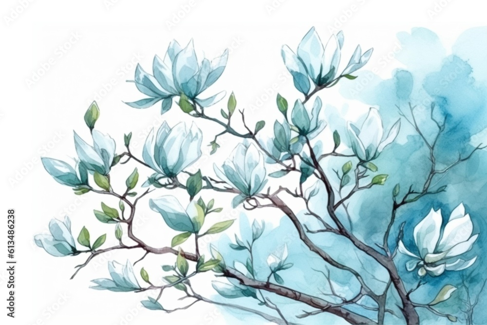 Fototapeta premium Magnolia watercolour floral illustration, Generative AI