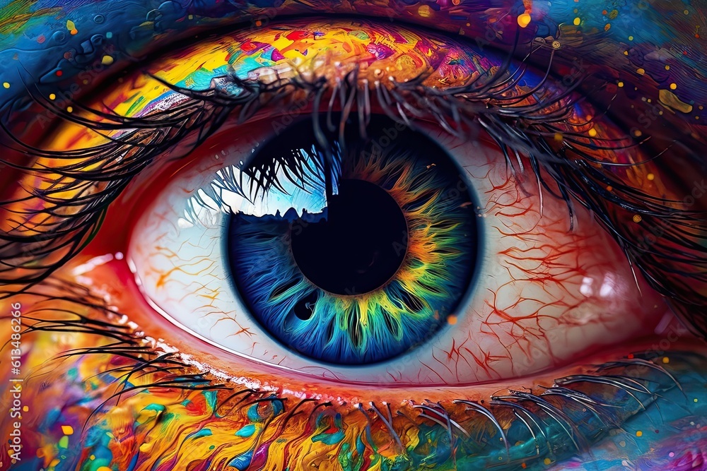 A Cosmic Vision: Expanding Hallucinogenic Consciousness Through a Macro Illustration of a Blue Eye Iris and Pupil: Generative AI