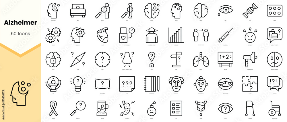 Set of alzheimer Icons. Simple line art style icons pack. Vector illustration