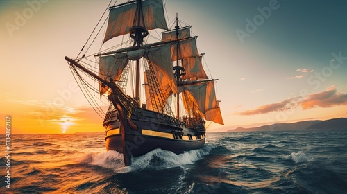 Adventure Awaits: Pirate Ship Sailing on the Ocean at Sunset: Generative AI