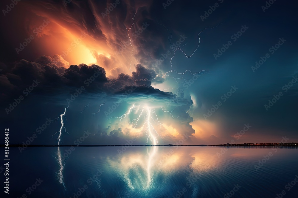 Power Unleashed: Captivating Reflection of a Massive Thunderstorm with Lightning in the Sea: Generative AI