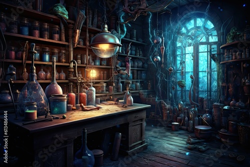 Mysterious Alchemy Lab: Retro Office of a Wizard, Filled With Mystic Elixirs and Ancient Furniture: Generative AI