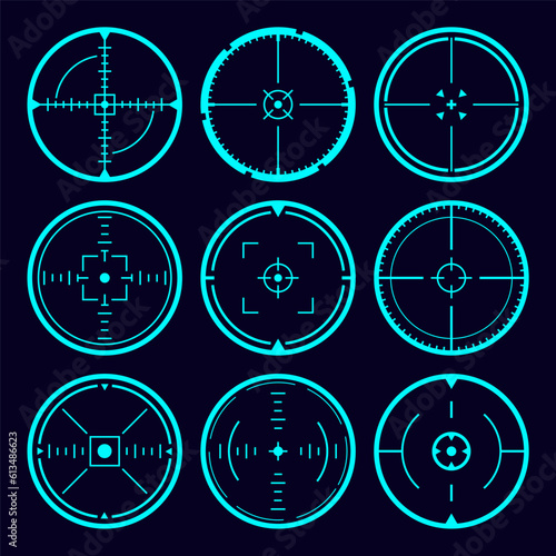 Vector HUD aim focus sniper. Futuristic circle target frame. UI interface sci-fi focus hologram.