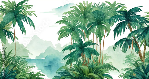 Palm trees in a jungle forest. decorative watercolor painting  landscape. Generative AI