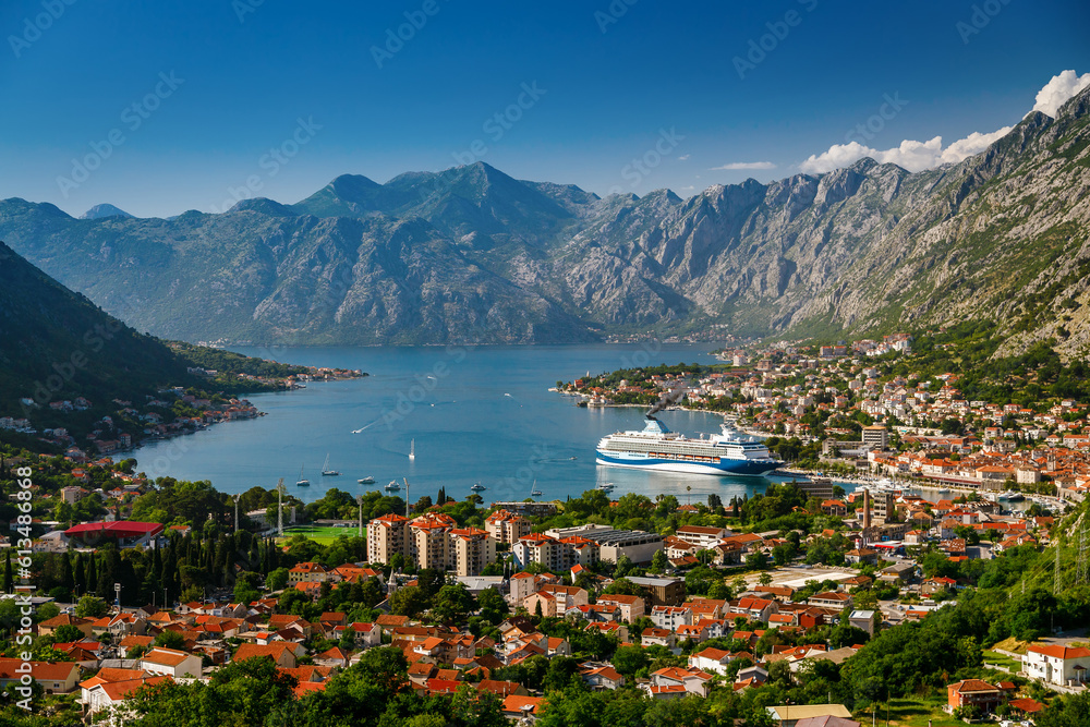 View of Kotor town and Kotor bay with a big cruise ship from an aerial viewpoint