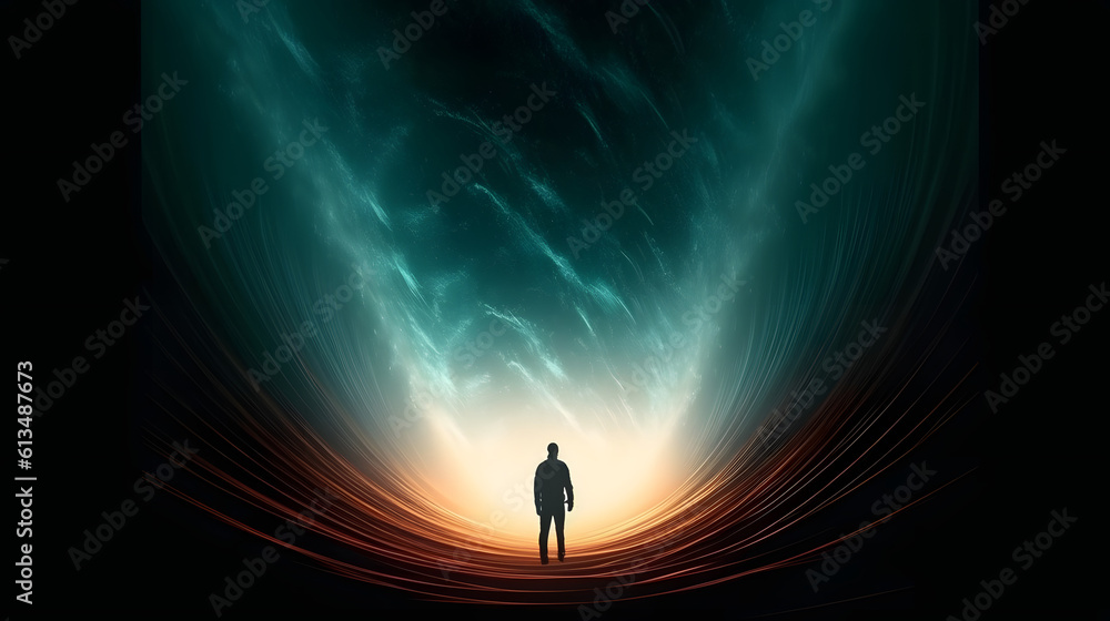 Fototapeta premium Staring into the abyss. Light at the end of the tunnel. Abstract silhouette background wallpaper.