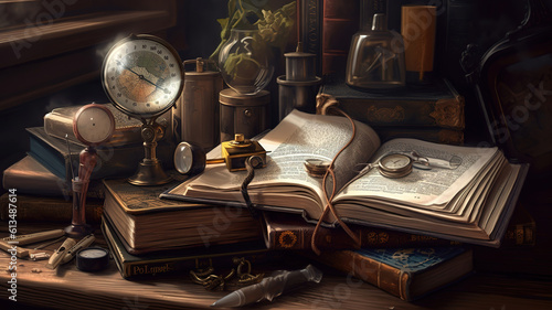 Books and imagination still life. Generative Ai