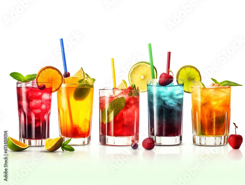 Close up glasses of iced tempting tropical cocktails on white background