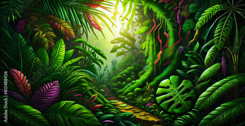 The jungle nature background is cosmetic against the Green tropical forest with exotic plants trees big leaves generative ai