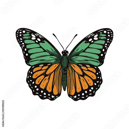 Beautiful colorful cartoon exotic vector isolated on white pastel green butterfly with colorful wings and antennae sticker flat design