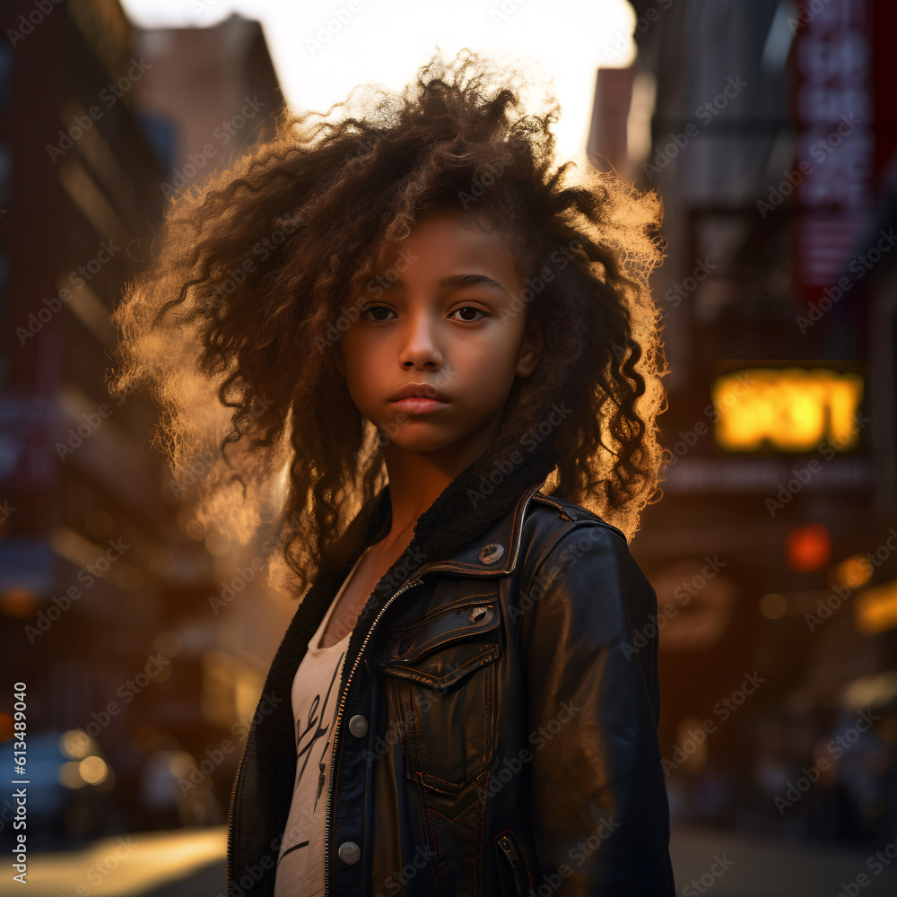 Portrait of a brave independent young girl standing on a downtown road at sunset.