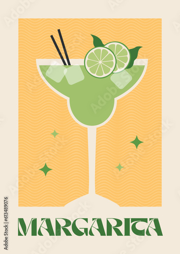 Poster drink. Cocktail art. Margarita. Retro posters with alcohol cocktails. 90s 80s 70s groovy posters. Modern trendy print. Drink with fruit and ice.