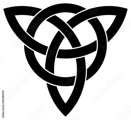 Dreieinigkeits Knoten als Kontur in Schwarz. Keltisches Symbol auch bekannt als Triquetra. Isolierter Hintergrund.
Die Triqueta symbolisiert die drei Bereiche Körper, Psyche und Geist.