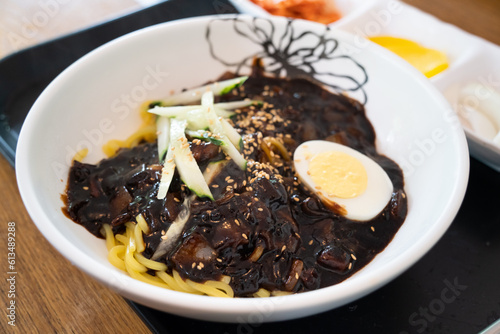 Delicious Jajangmyeon, jjajangmyeon, Korean-style Chinese noodle dish topped with thick sauce in south korea.