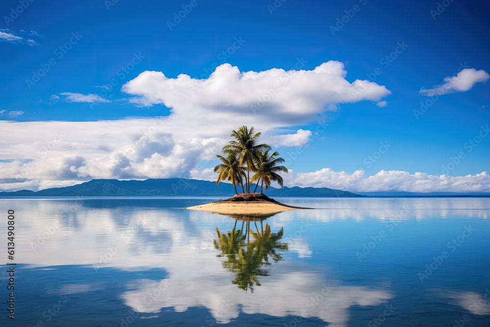 small island with palm trees and reflections on water. generative ai