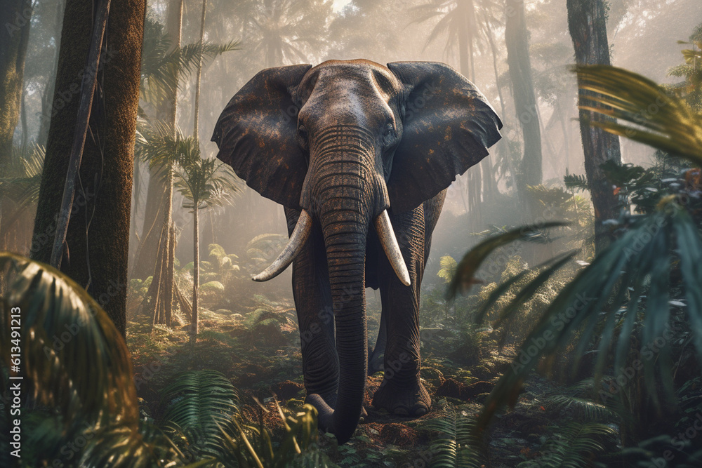 Fototapeta premium Elephant walking in the jungle in golden hour