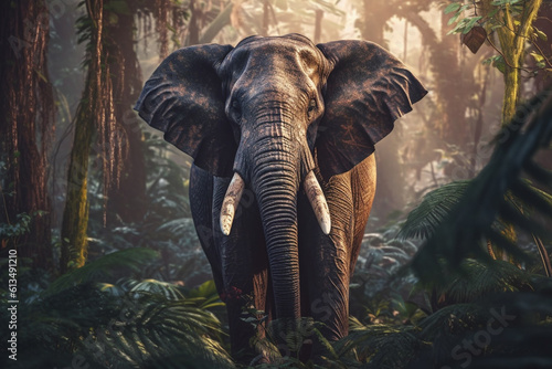 Elephant walking in the jungle in golden hour