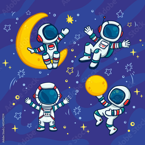set of cartoon astronauts isolated on colorful background. Doodle style,coloring book.
