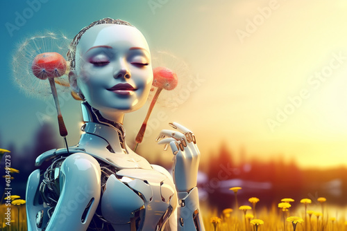 Futuristic world, robot holding dandelion flower in sunset
