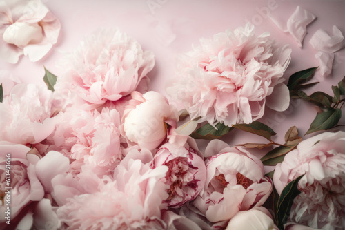 Fototapeta Naklejka Na Ścianę i Meble -  Pink peonies and petals on a light background with copy space.