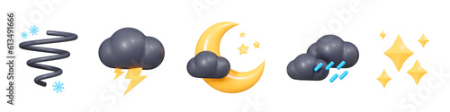 3D Weather set emoji icon. Clouds with rain, lightning and crescent moon. Storm with snowflakes. Sparkling stars. Cartoon creative design meteo forecast icon isolated on white background. 3D Rendering