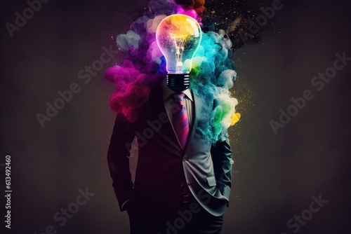 Businessman with colorful smoke and light bulb head concept on dark background