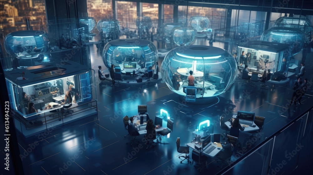 Smart city workspace, futuristic office with hi-tech furniture, modern gadgets, and robots. Hi-tech furniture creates a visionary atmosphere of the future. Generative AI - obrazy, fototapety, plakaty 