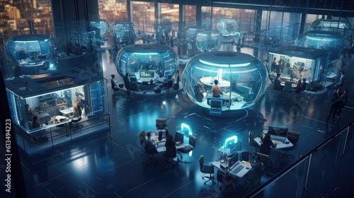 Smart city workspace, futuristic office with hi-tech furniture, modern gadgets, and robots. Hi-tech furniture creates a visionary atmosphere of the future. Generative AI