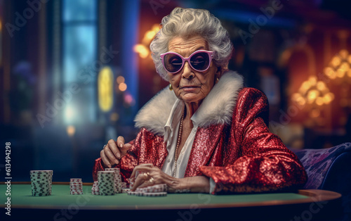 Elderly woman in mirrored sunglasses and impassible poker face is sitting at the poker table