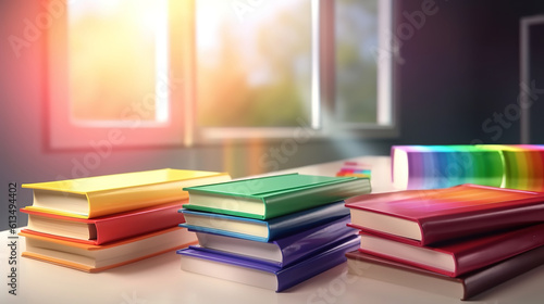 Stack of books on a table with a colorful toy. Generative Ai