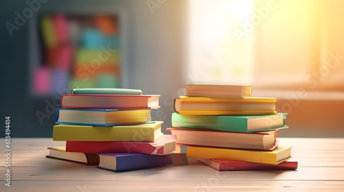 Colorful books collection on classroom background. Generative Ai