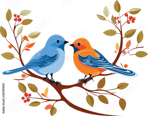 two birds sitting on the tree illustration for wall art and decoration