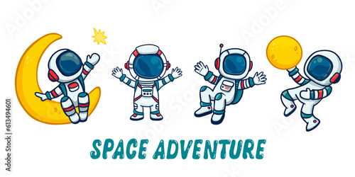 set of cartoon astronauts isolated on colorful background. Doodle style,for book. 