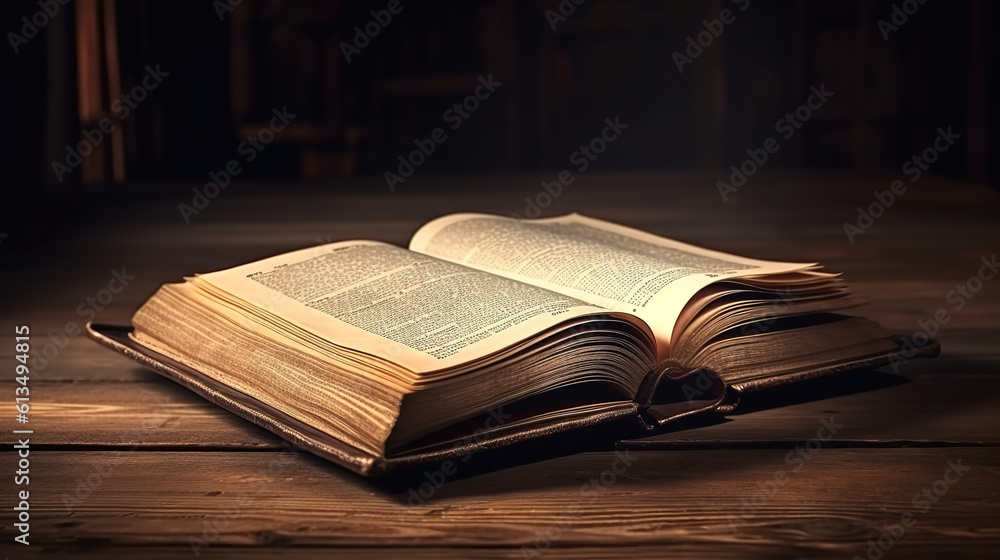 Open book on old wooden table. Generative Ai Open book on old wooden table. Generative Ai