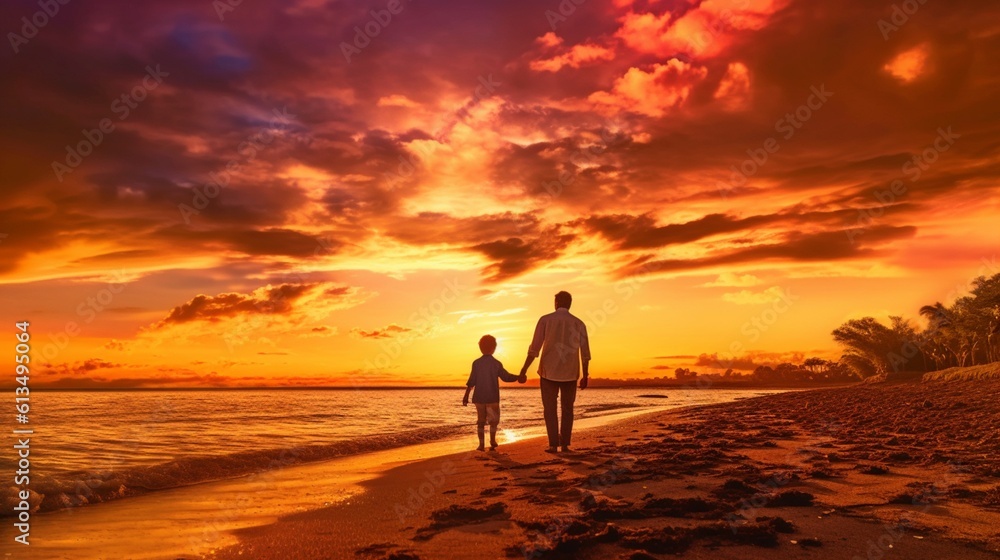 Father and Son Holding Hands Walking Together on the Beach at Sunset. Generative Ai. Father and Son Holding Hands Walking Together on the Beach at Sunset. Generative Ai.