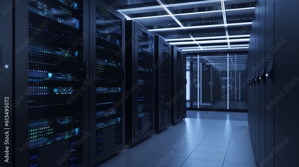 Working Data Center Full of Rack Servers and Supercomputers with High Internet Visualisation Projection. Generative Ai. Working Data Center Full of Rack Servers and Supercomputers with High Internet Visualisation Projection. Generative Ai.