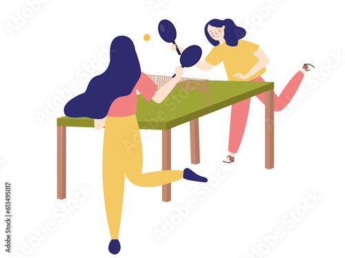 two girl playing pingpong or table tennis healthy sport challenge competition tournament activity workout