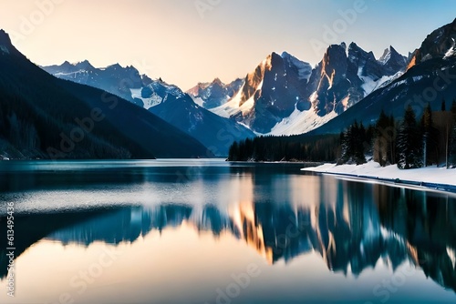 a tranquil lake surrounded by snow-capped mountains and a clear blue sky