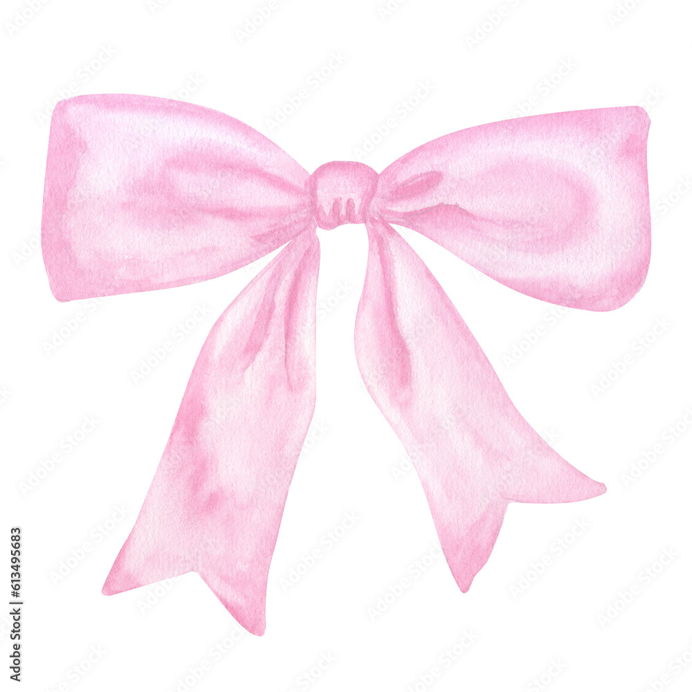 Decorative Pink Bow With Long Ribbon Accessory Little Girl Hand Drawn 