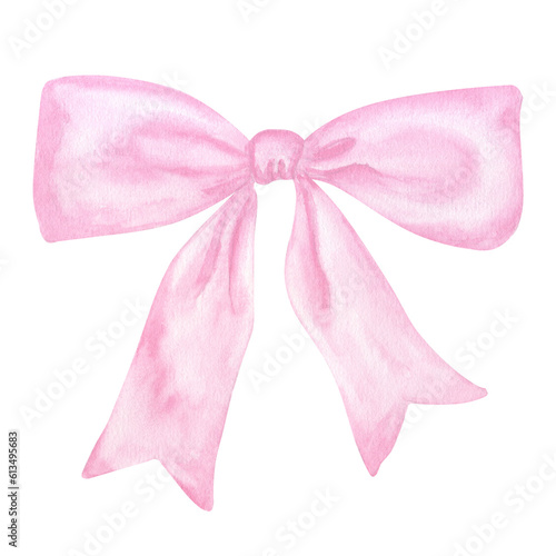 Decorative pink bow with long ribbon. Accessory little girl. Hand drawn watercolor illustration isolated on white background. For gender reveal party, baby shower, children's design