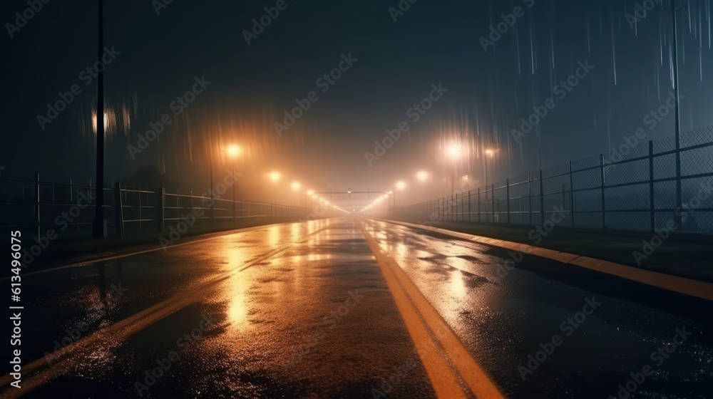 City Streets After Dark: Wet Asphalt Road and Construction Fences.