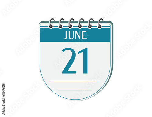 21 june round retro calendar page vector. 3d one day calendar, date appointment, business planner, event reminder illustration. Abstract three dimensional daily date calendar. 