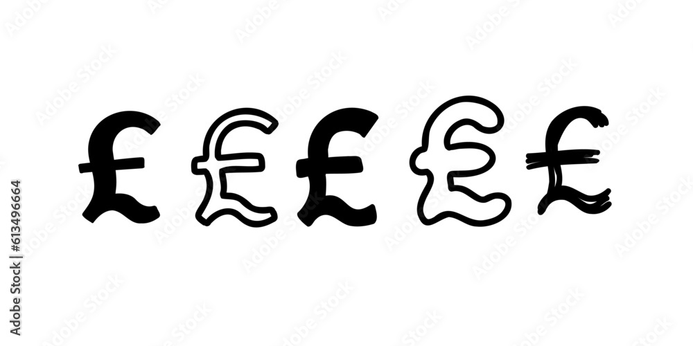 Sketched currency money finance sign icons Pound Sterling. Vector illustration in hand drawn cartoon doodle style isolated on white background. For typography, decorating. - obrazy, fototapety, plakaty 